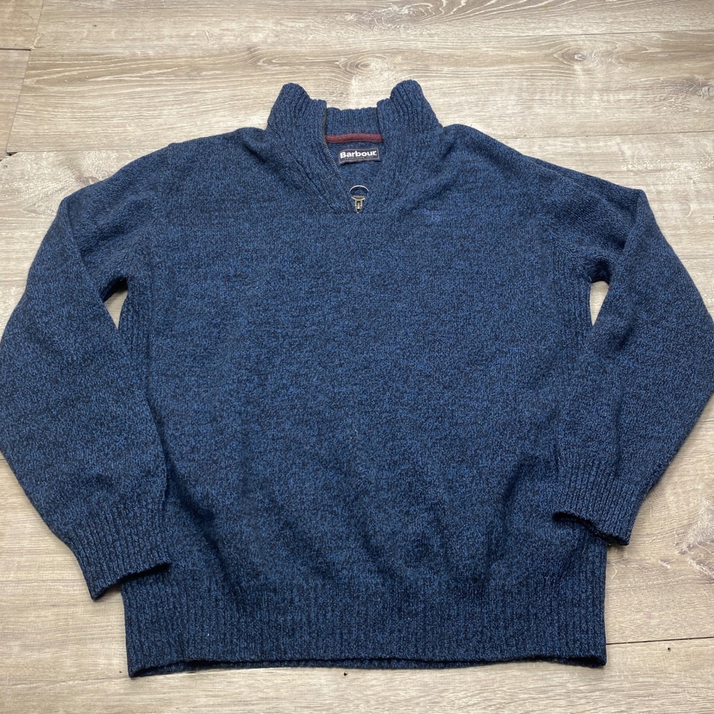 Barbour Sweater Mens‎ L Blue Marl Quarter Zip Pullover Knit Casual Outdoor HOLE